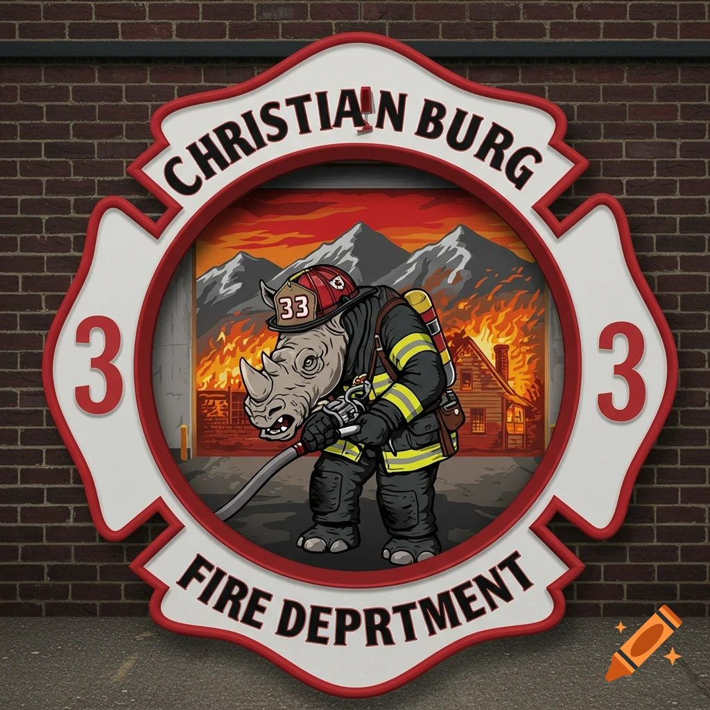 Cartoon rhino firefighter decal for Christianburg Fire Department with mountains and fire in background.