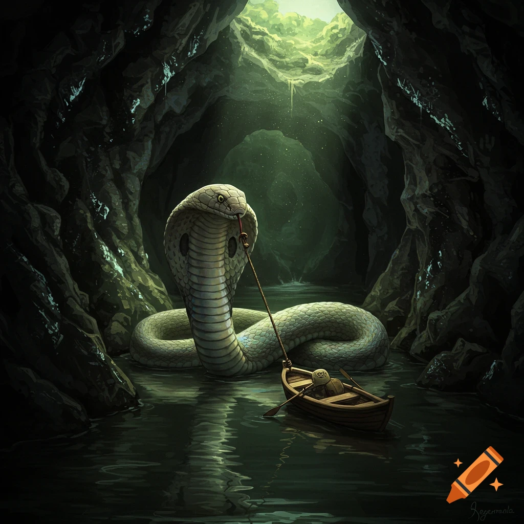 A giant cobra pulls a small boat with a person through a dark cave waterway.