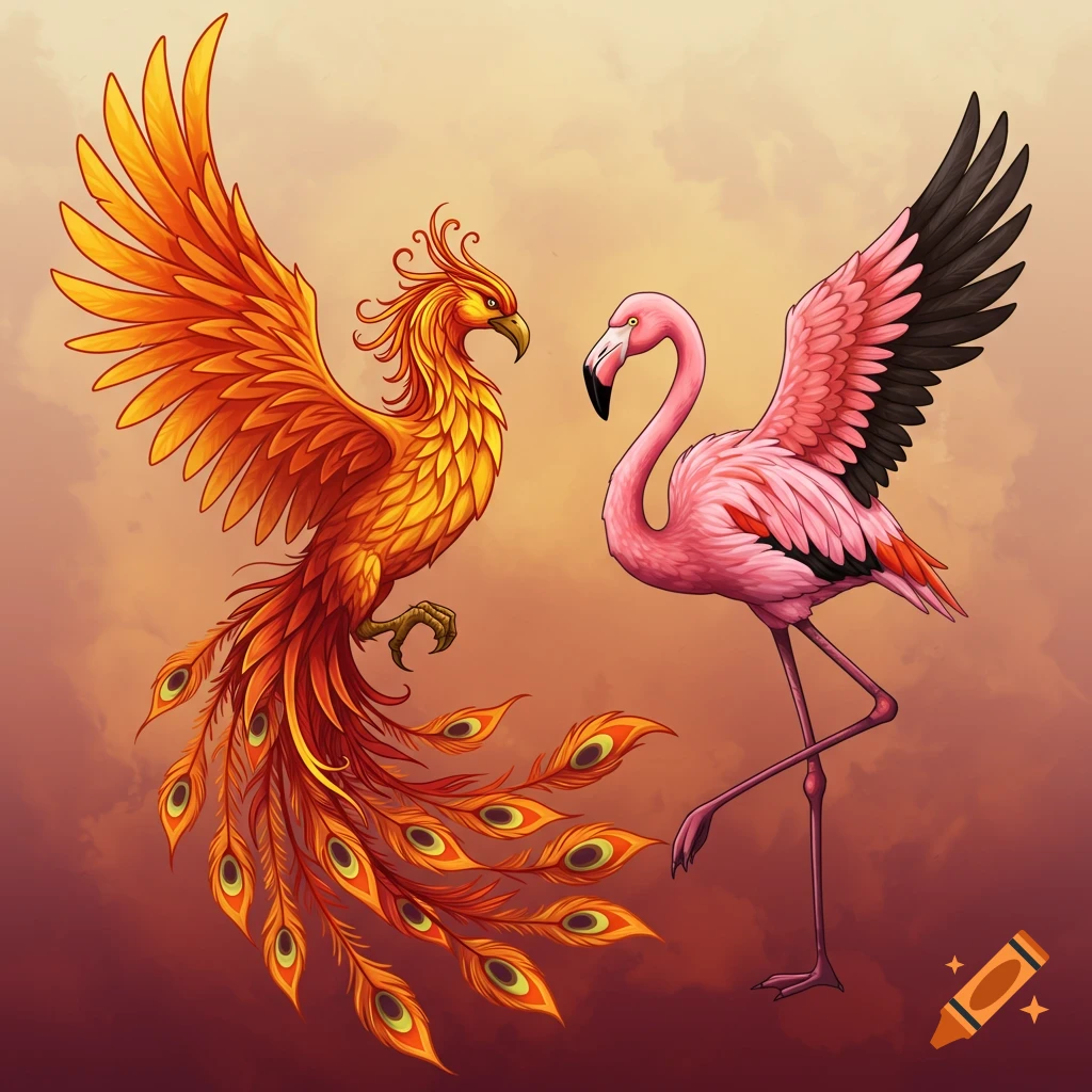 A fiery phoenix facing a pink flamingo against a colorful sky.