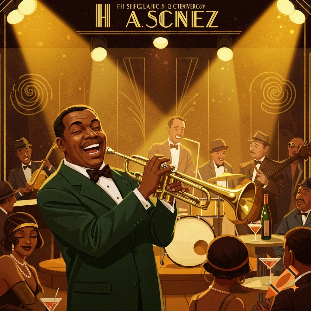 A jazz musician playing trumpet in a 1920s band setting.