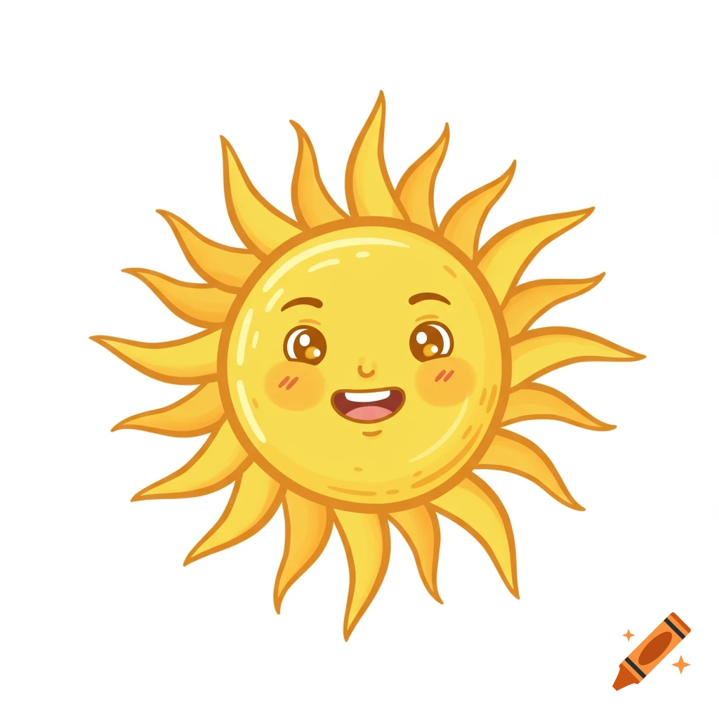 A cartoon sun with a smiling face and pointy rays.
