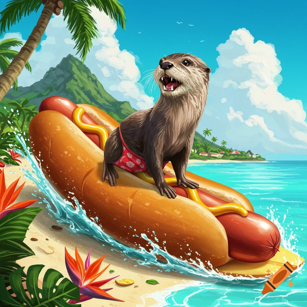 An otter surfing on a hot dog at a tropical beach.