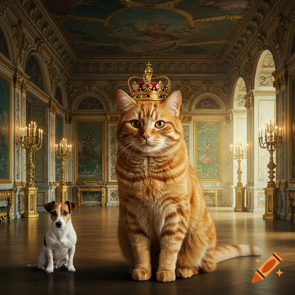 A large orange cat wearing a crown sits in a lavish palace hall next to a small dog.