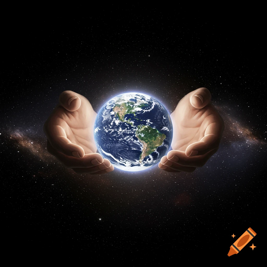 Hands holding Earth in space