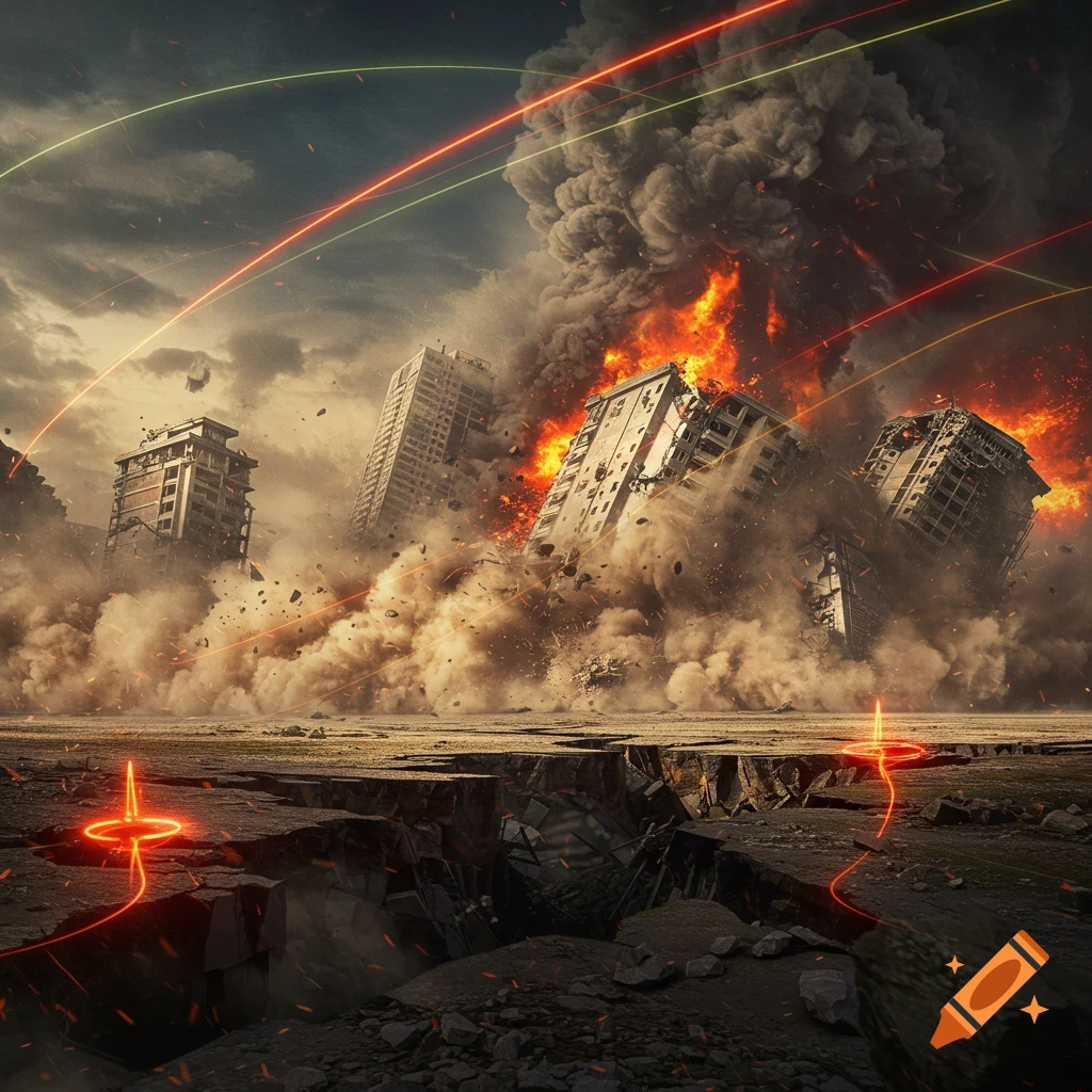 An apocalyptic cityscape with collapsing buildings, fire, smoke, ground cracks, and glowing energy lines.