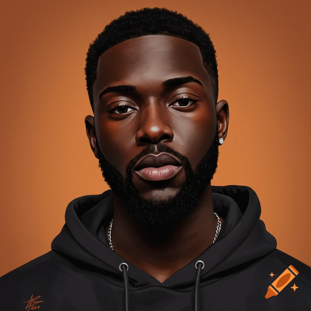 Portrait of a Black man with a beard wearing a black hoodie and silver chain against an orange background.