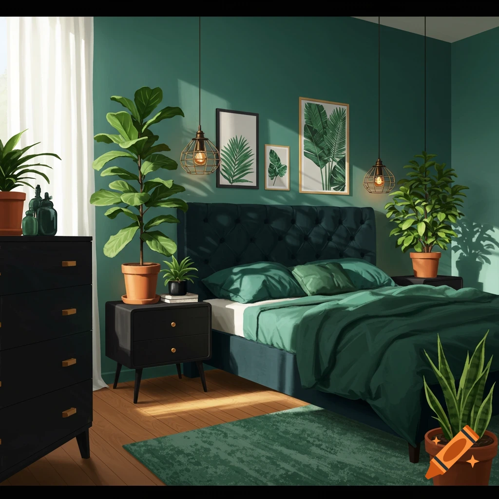 A bedroom with green walls, black furniture, a blue bed with green bedding, and several large plants in pots.