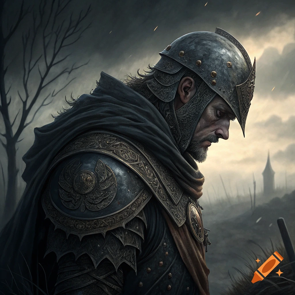 A warrior in dark, ornate armor and a cloak looks down in a grim, desolate fantasy landscape.