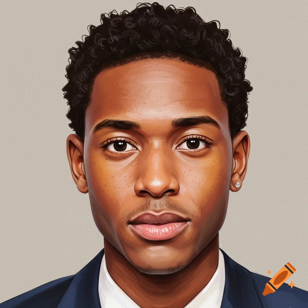 Headshot of a young Black man with short curly hair and a suit against a grey background.