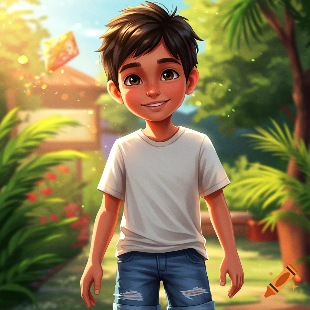 Digital illustration of a smiling young boy with freckles in a sunny park with lush green plants.