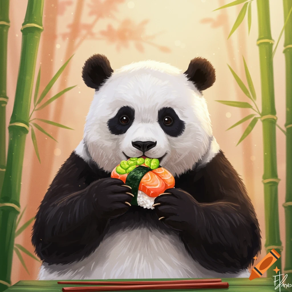 A panda eating a piece of sushi in a bamboo forest.