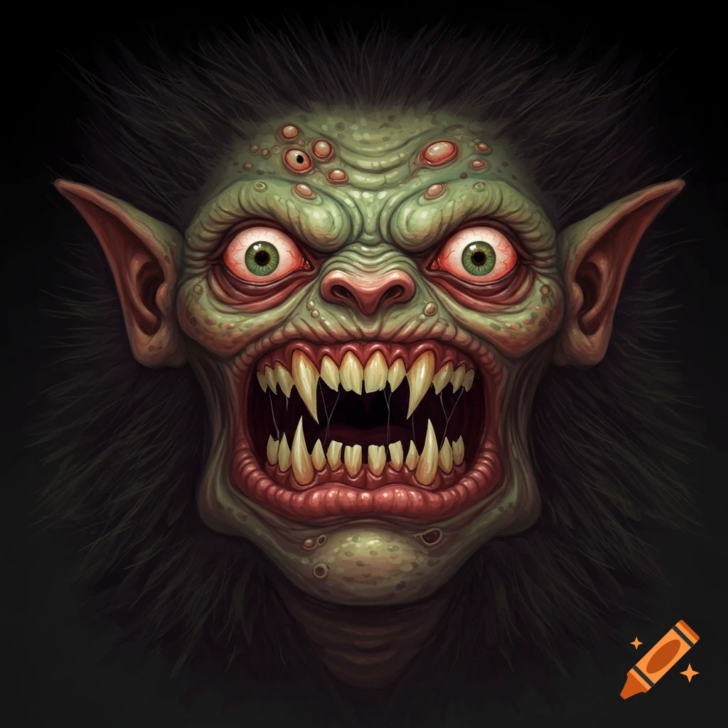 A grotesque green monster face with sharp teeth and red eyes.