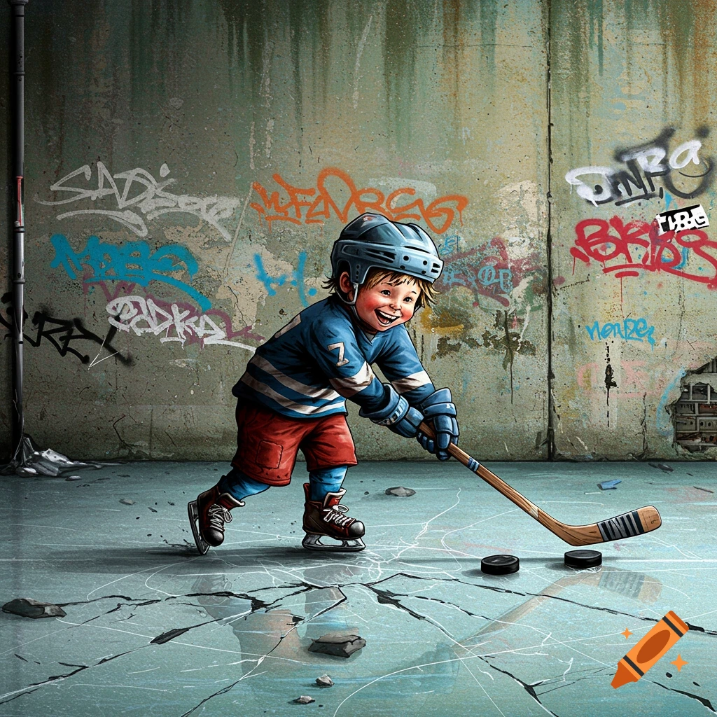 A child in hockey gear plays on cracked ice in front of a graffiti-covered wall.
