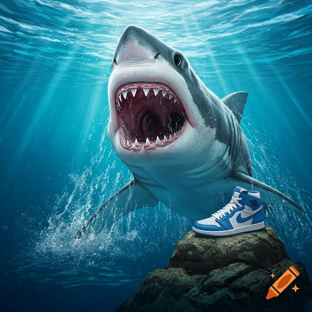 A great white shark is swimming underwater near a rock. On the rock is a blue and white sneaker.