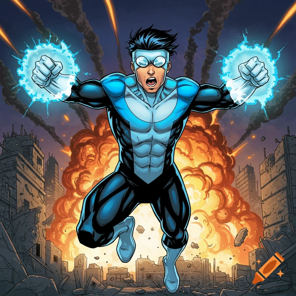 Invincible superhero flies with glowing fists over destroyed city with explosions, comic art style