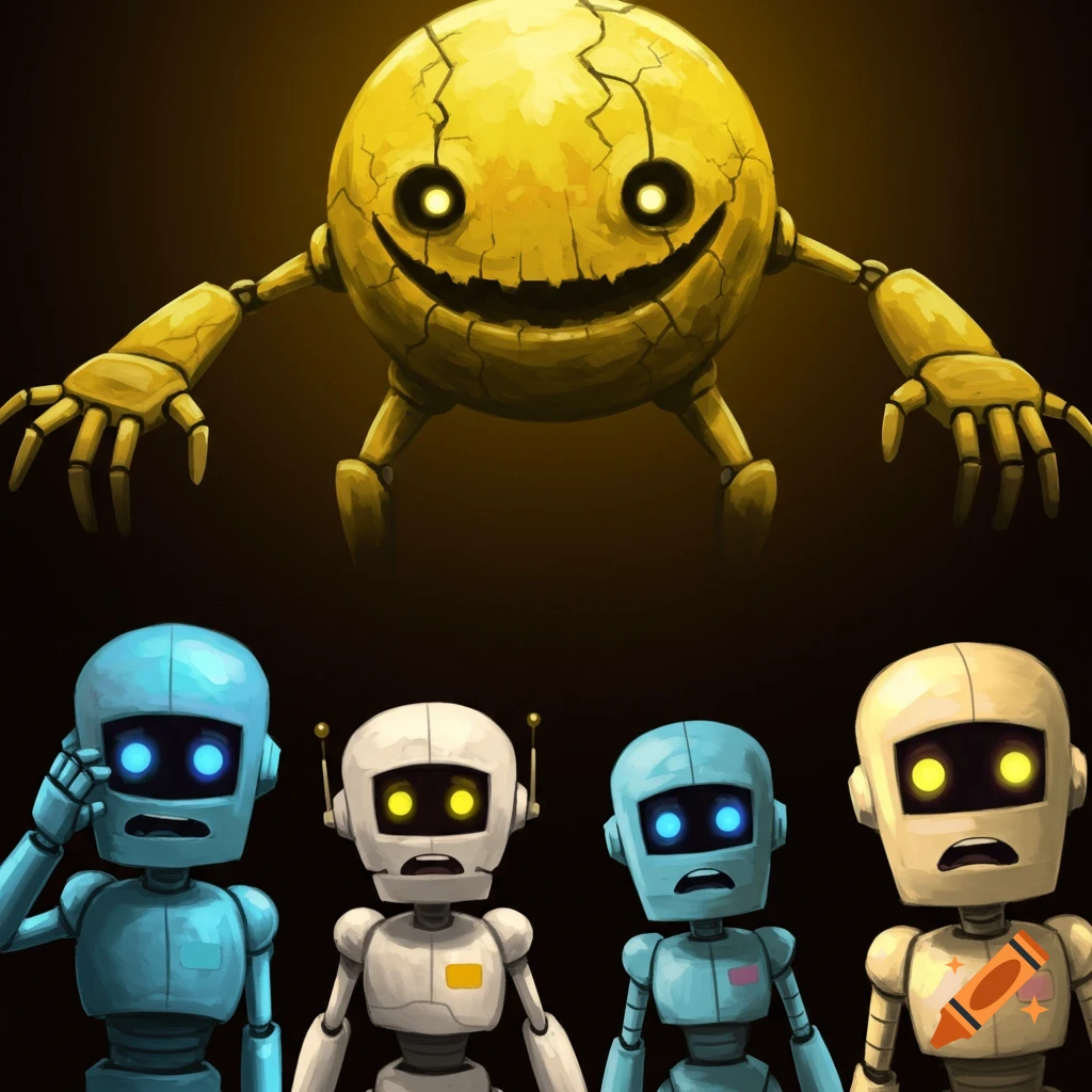 A large, cracked yellow robot with a creepy smile looms over four smaller, scared robots.