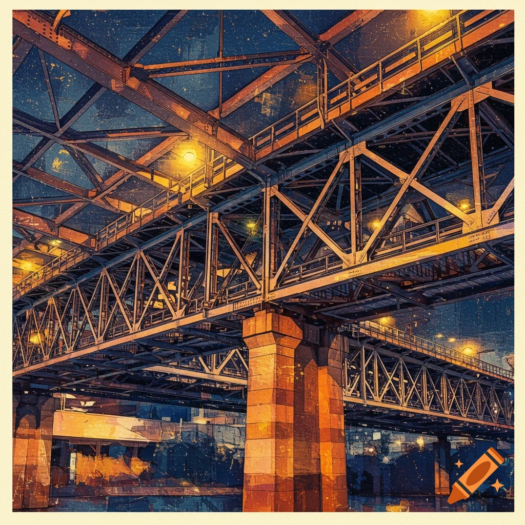 Looking up at the complex steel structure of a bridge lit at night