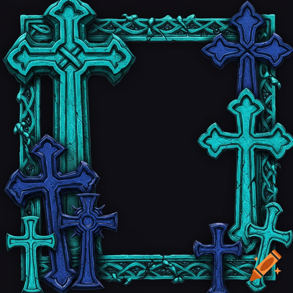 A gothic frame made of intricate blue and turquoise crosses.