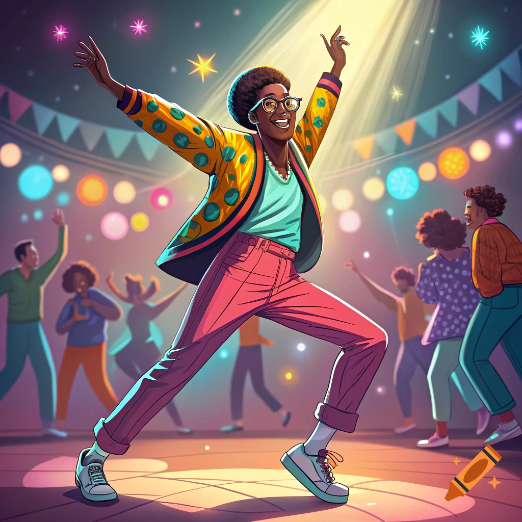A stylized illustration of a person in a colorful jacket and pink pants dancing under a spotlight at a party.
