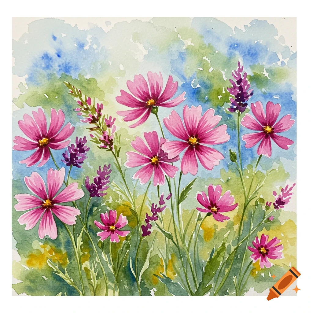 Watercolor painting of pink and purple wildflowers.