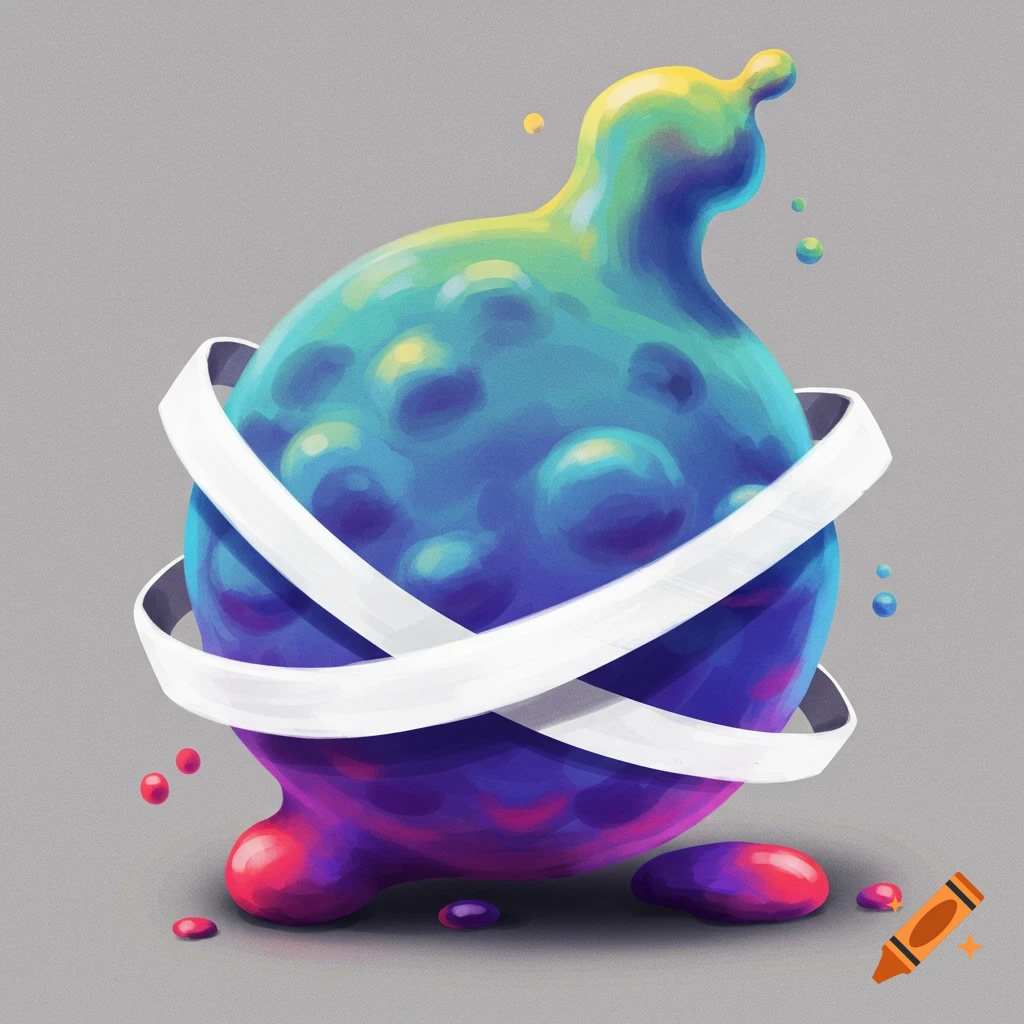 A colorful blob creature wrapped in white ribbons