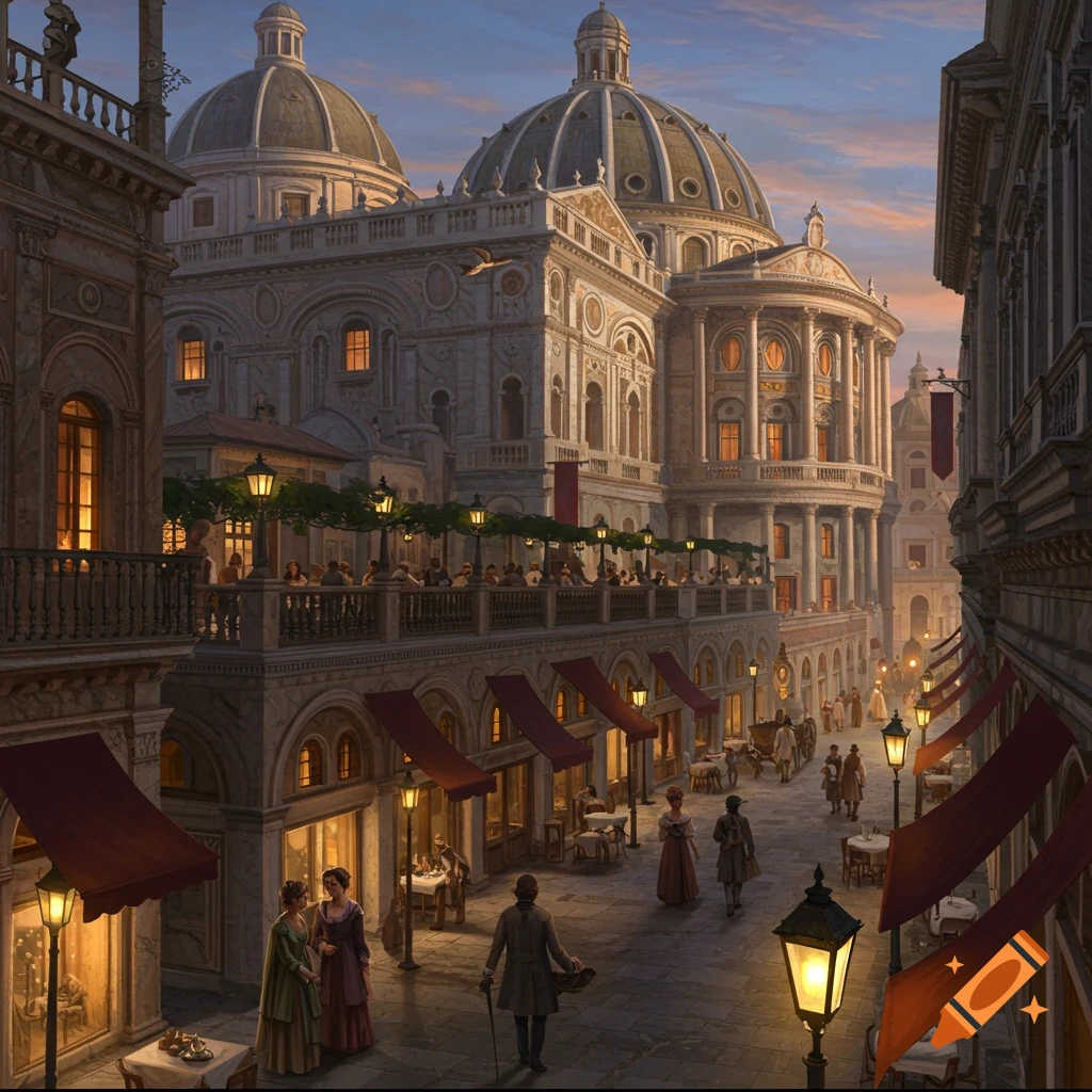 Fantasy city street with grand architecture, bustling people, and illuminated lamps at dusk.