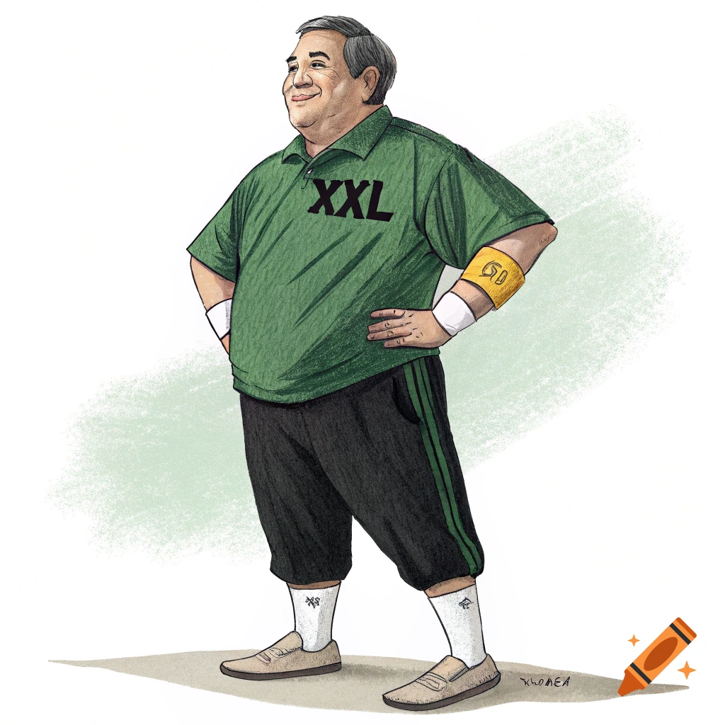 A stylized illustration of a man in a green polo shirt with "XXL" on it, black pants, white socks, and a yellow arm band, standing with hands on hips.