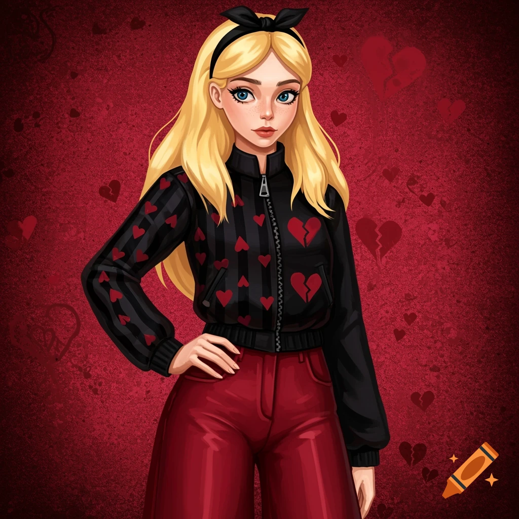 A young woman in a black jacket adorned with red hearts and wide red pants stands against a red background featuring heart patterns.