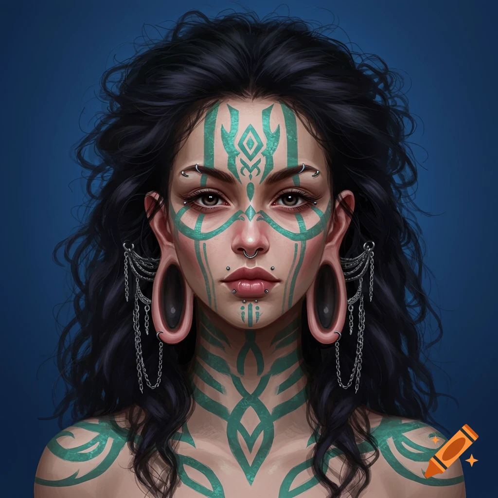 A woman with stretched ears, piercings, and green face and body paint.