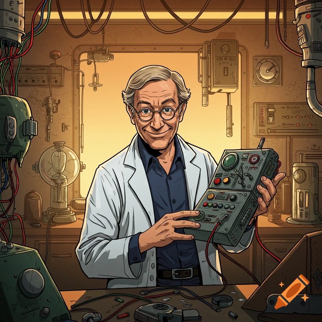 A man in a lab coat holds a complex device in a cluttered workshop.