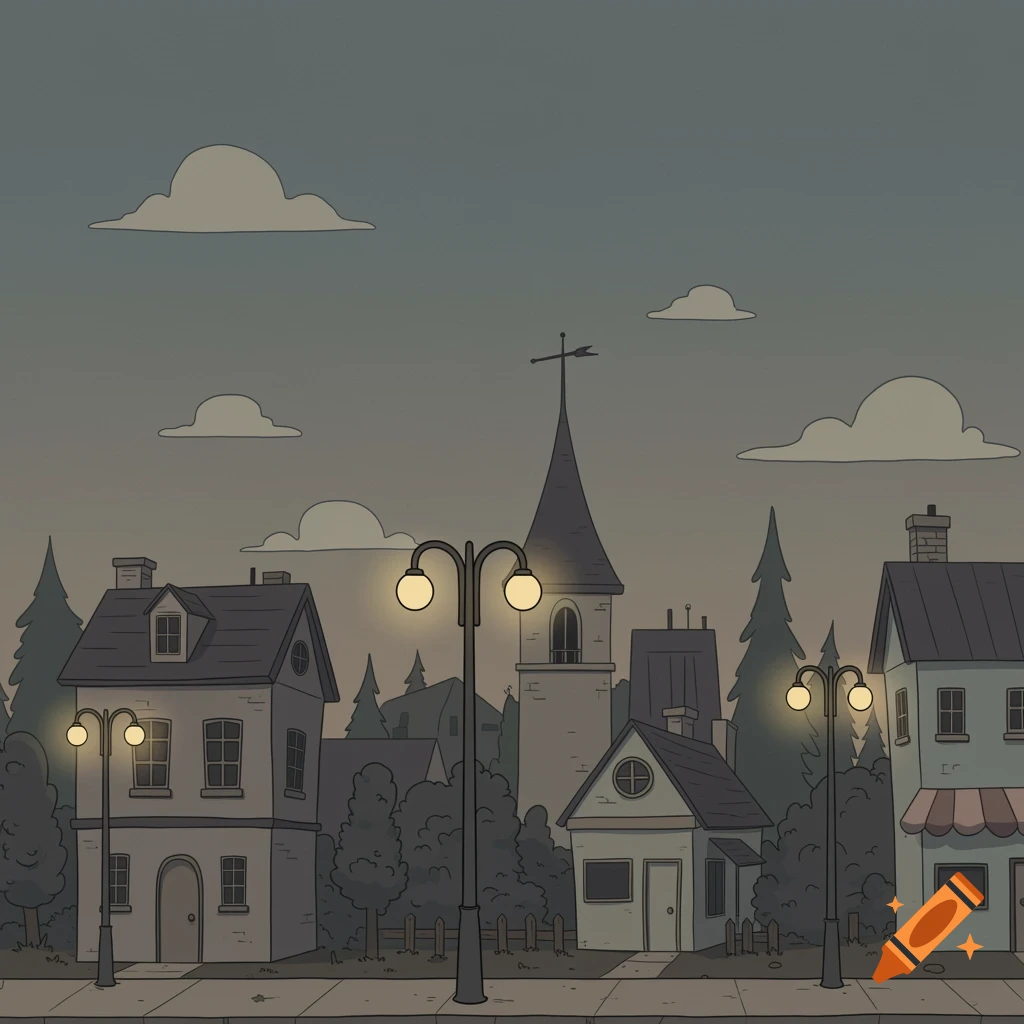 Cartoon town street scene at dusk with streetlights.
