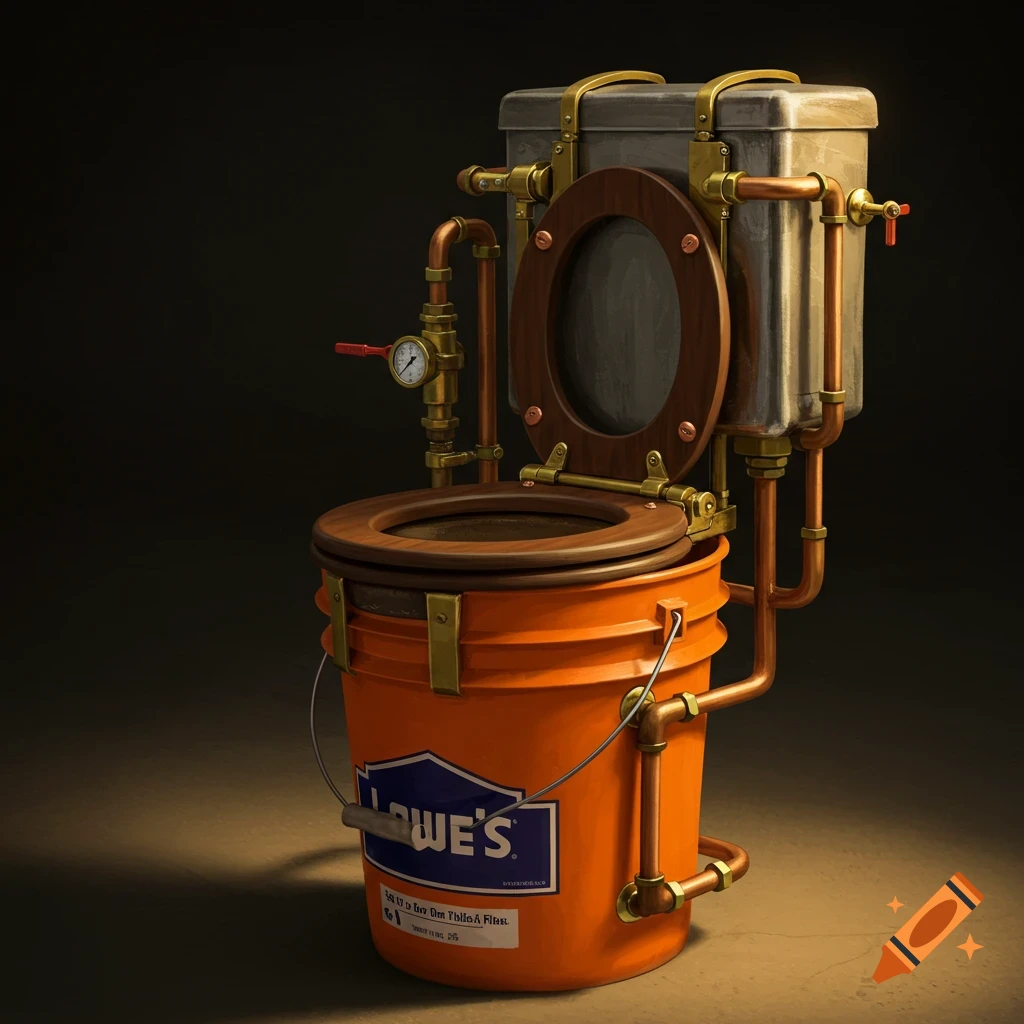 A steampunk toilet crafted from an orange Lowe's bucket and copper pipes