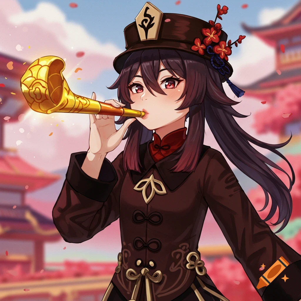 Hu Tao from Genshin Impact blowing a golden party horn