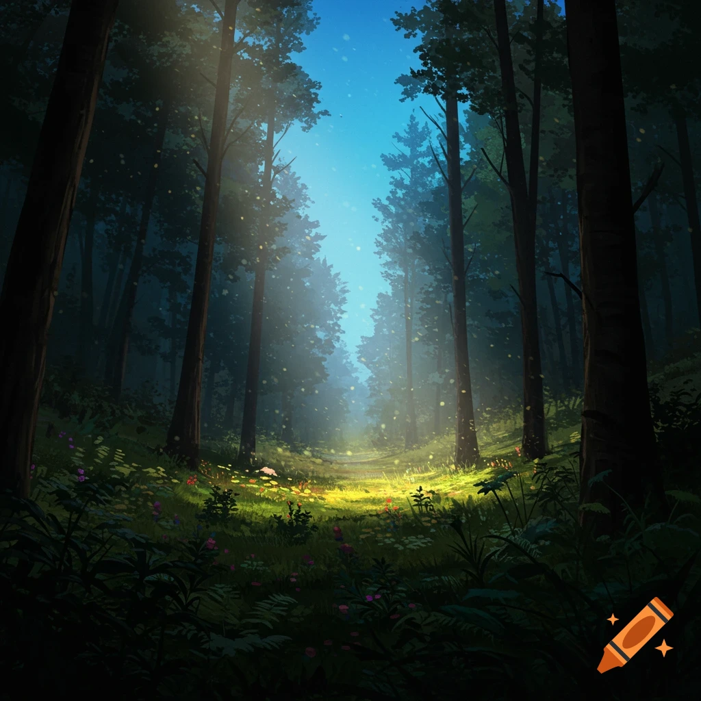 A dark forest with sunlight filtering through the trees onto a bright grassy glen.