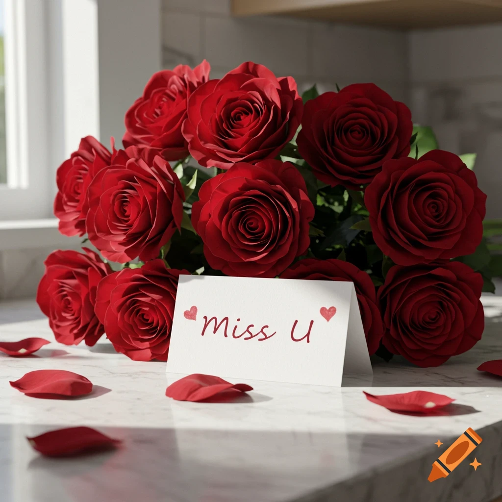 A bouquet of red roses and a card reading "Miss U" on a counter with scattered petals.