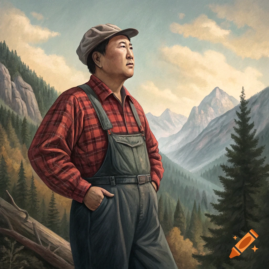 A man in a plaid shirt, overalls, and cap stands in a mountain landscape, hands in pockets, looking up. Painting style.