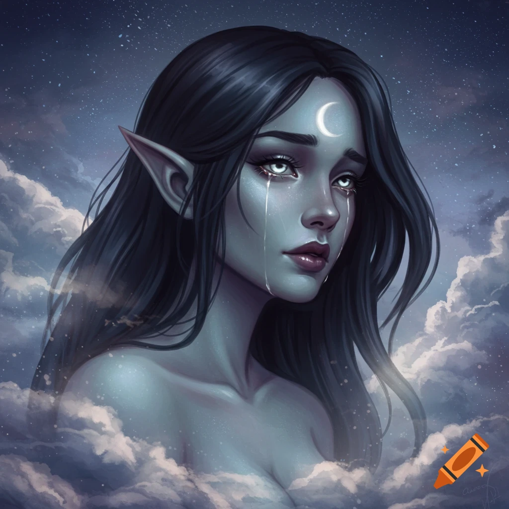 A fantasy woman with pointed ears and a moon on her forehead is crying among clouds under a starry sky.
