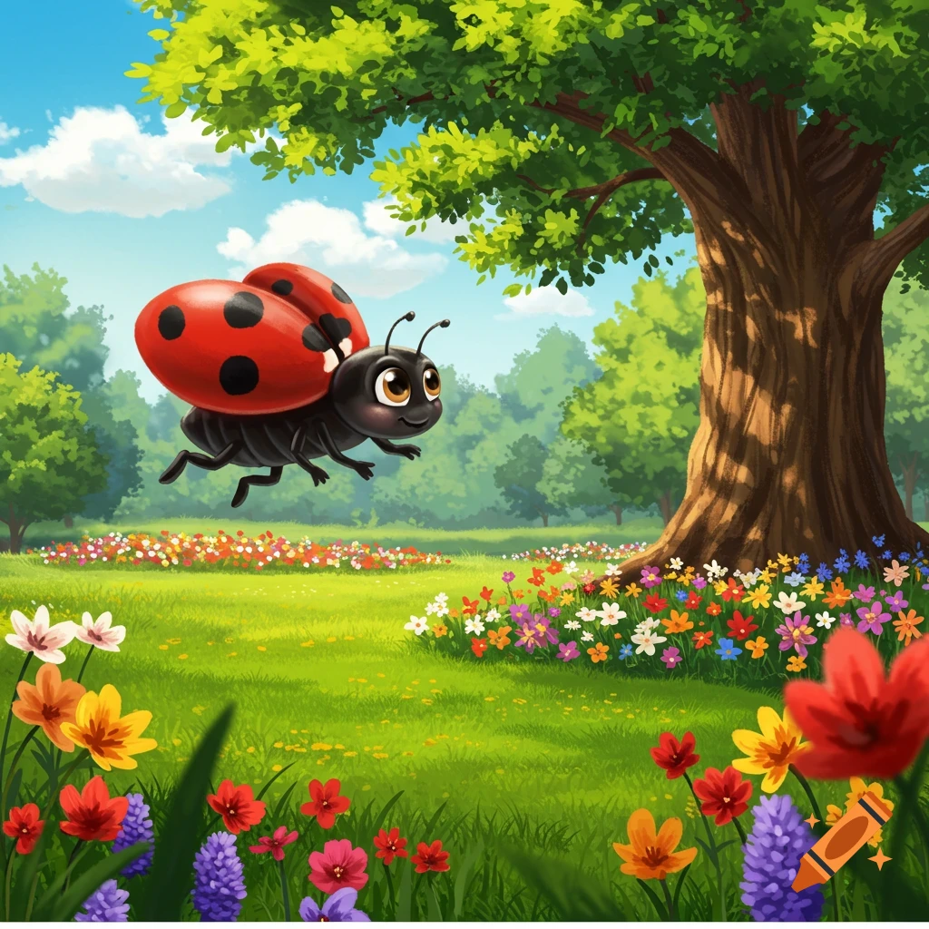 A cute cartoon ladybug flies over a field of flowers towards a tree in a park.