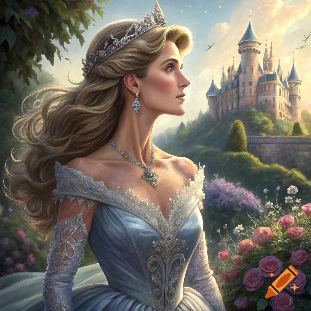 Woman in princess dress and crown looks at a castle on a hill