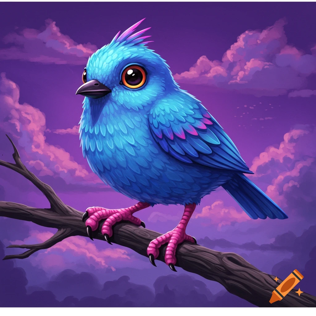A stylized blue bird with large pink feet sits on a branch against a purple sky with pink clouds.