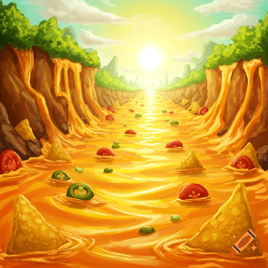 A river of nacho cheese flowing through canyons, with tortilla chips, tomato slices, and jalapeno slices floating in it.
