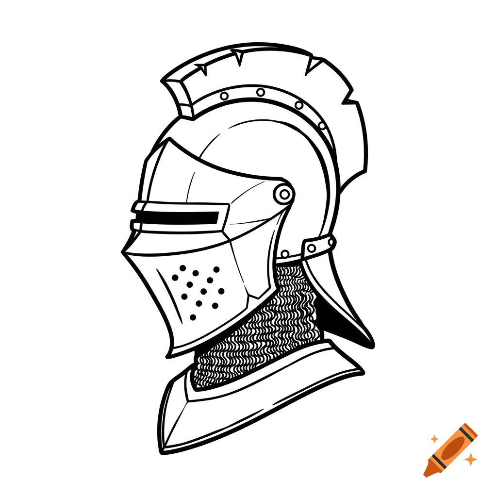 Black and white outline drawing of a medieval knight's helmet.