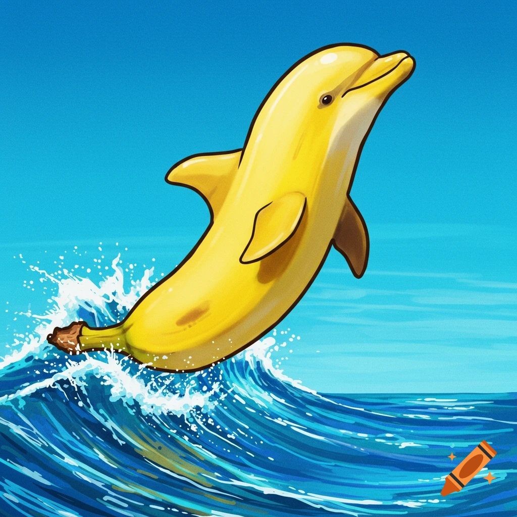 A yellow banana shaped like a dolphin leaps out of the ocean.