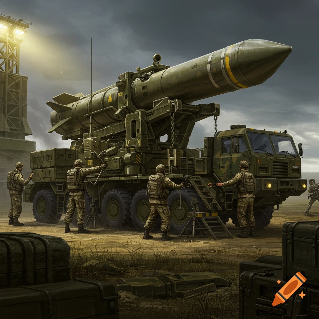 Soldiers loading a large missile onto a military truck launcher.