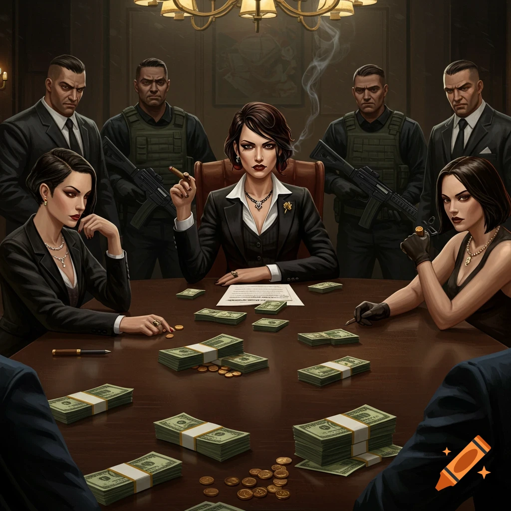 female mafia boss and associates around a table covered in stacks of money, with armed guards standing behind them.