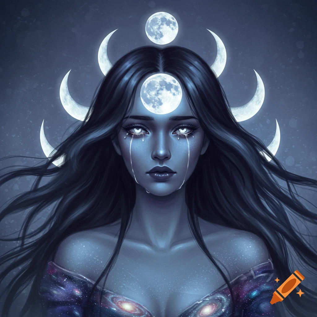 A woman with long dark hair, tears, and moons around her head wears a dress adorned with stars and galaxies.