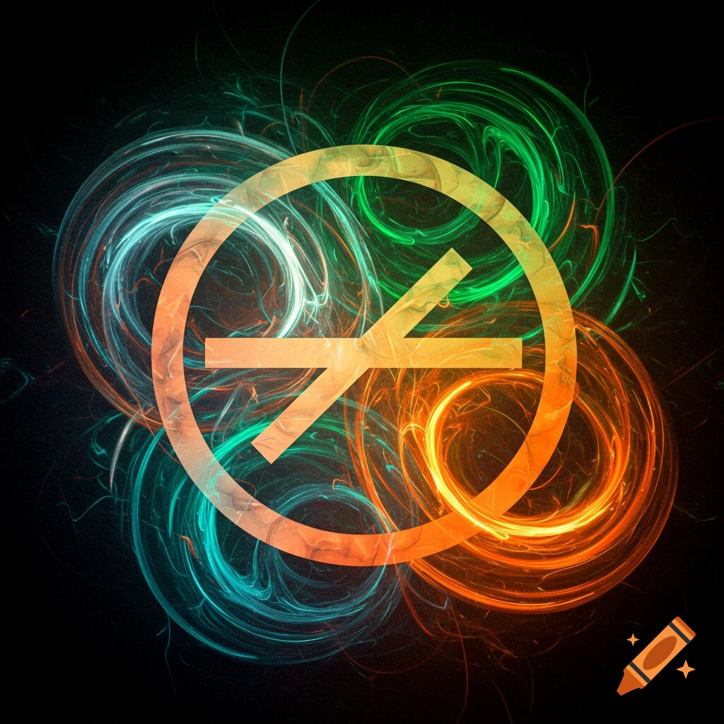 Abstract depiction of a symbol within swirling light trails in teal, green, and orange.