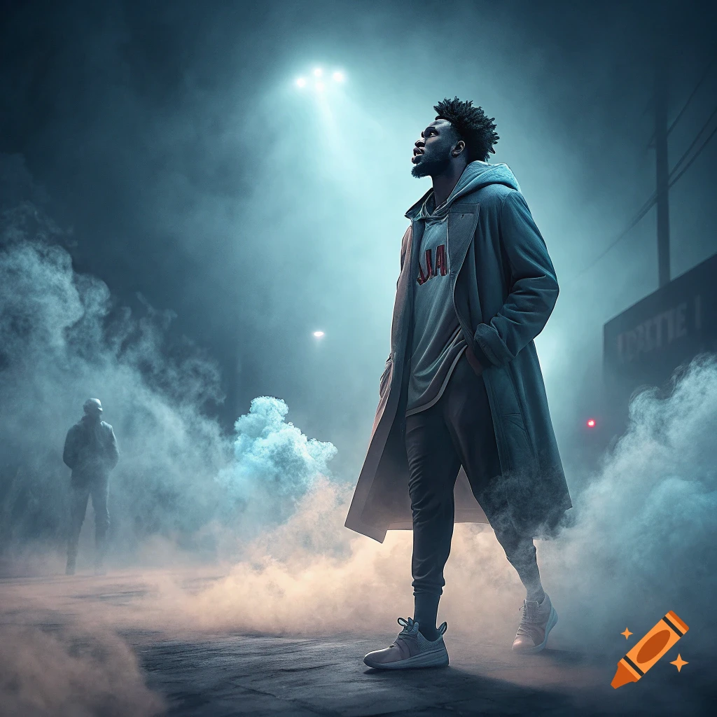 A person in a long coat and hooded sweatshirt stands in thick fog under spotlights, looking up. Another figure stands in the background.