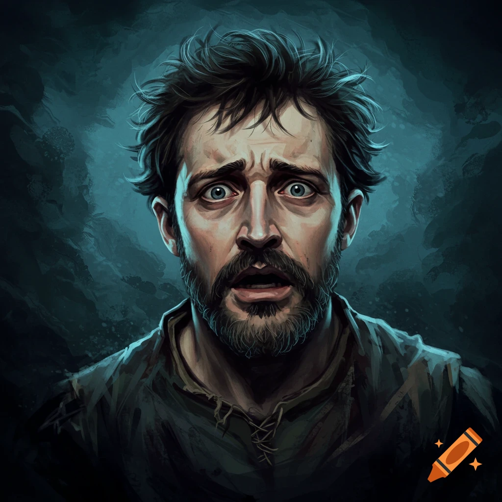 Wide-eyed, scared man, likely Macbeth, against a dark, dramatic background.