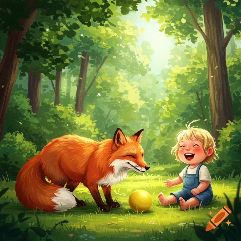 A whimsical image of a child laughing with a fox and a ball in a sunny forest clearing.